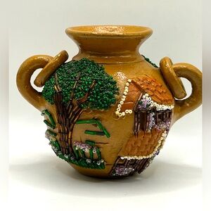 Brown Pottery Small Vase Decorative Beads House & Tree 4 in